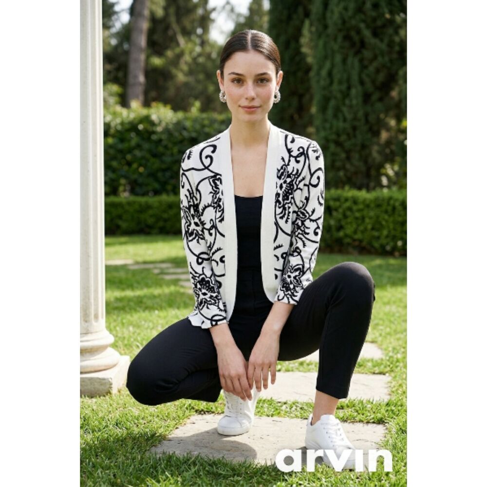 White & Black Long Sleeve Open Front Cardigan by Lyn